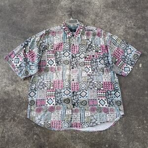 Vintage 90s Santana Hawaiian Tiki Camp Shirt Mens XL Tan Green Silk Button Up